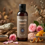 Naura body wash bottle with printed label and floral display