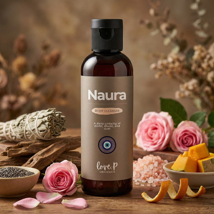 Naura body wash bottle with printed label and floral display